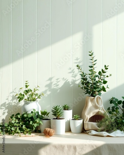 Indoor Plant Collection: Serene Still Life with Greenery and White Pots against Textured Wall