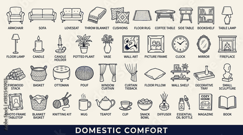 Collection of cozy home decor and furniture line art icons