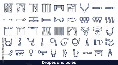 Collection of line art icons representing various drapery hardware and curtain styles