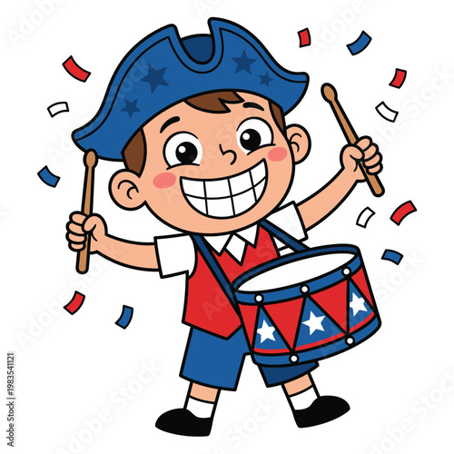 Cheerful Cartoon Boy in Patriotic Costume Playing a Drum with Confetti.