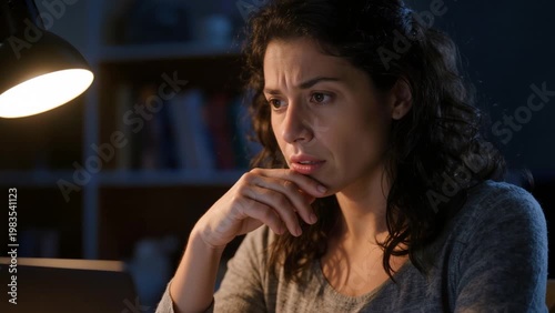 Concerned woman works late at a laptop under a desk lamp, reflecting stress, focus, and elevated cortisol during an intense nighttime session.