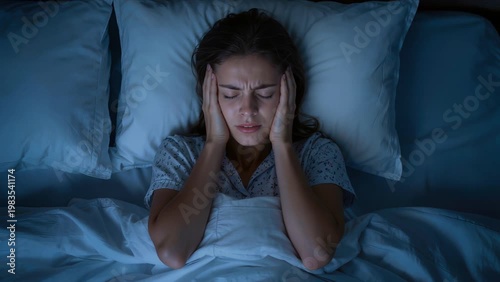 Woman lies awake at night holding her head, illustrating stress, insomnia, and elevated cortisol disrupting rest and wellbeing.