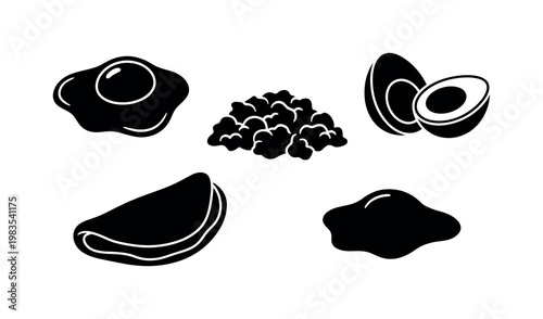 fried eggs sunny side up, scrambled eggs portion pile, boiled egg cut half, omelette folded egg dish, poached egg simple shape