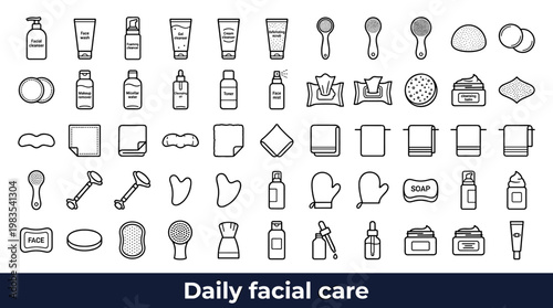 Collection of line art icons representing daily facial skincare routine and products