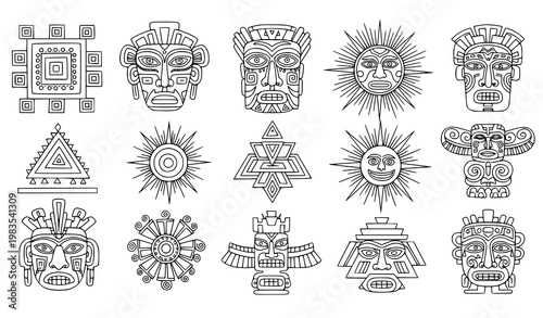 Aztec indigenous tribal symbol vector doodle set ethnic pattern design