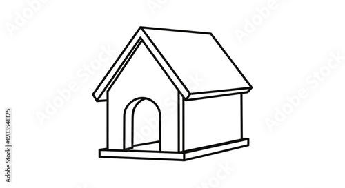 Simple line art depicts an A-frame doghouse with an arched doorway
