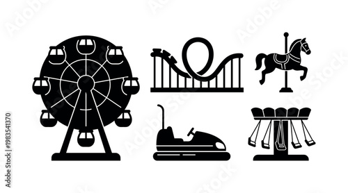 Ferris wheel large circular, roller coaster track, carousel horse ride, bumper car vehicle, swing ride seats bold black silhouette