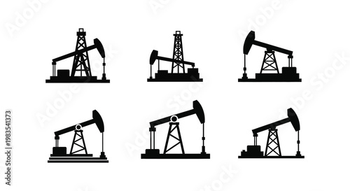Multiple oil pumpjack silhouettes against a white background silhouette