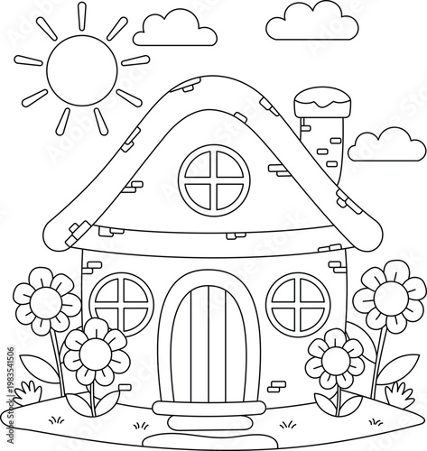 Cute Cottage House with Flowers Coloring Page for Kids
