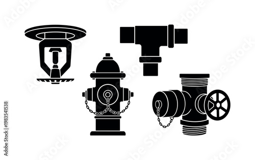 fire sprinkler head ceiling mount, sprinkler pipe system joint, fire hydrant outdoor unit, standpipe hose connection, water valve