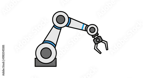 Industrial robotic arm with gripper, gray, white, and blue accents