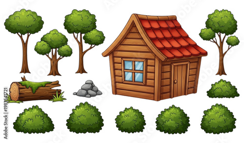 Forest hut cartoon vector set cabin tree log stone bush illustration