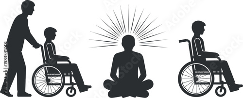 Silhouette of people with disabilities and caregiver meditating and supporting each other isolated on transparent background