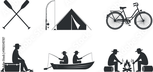 Outdoor adventure icons set isolated on transparent background featuring fishing camping and cycling activities