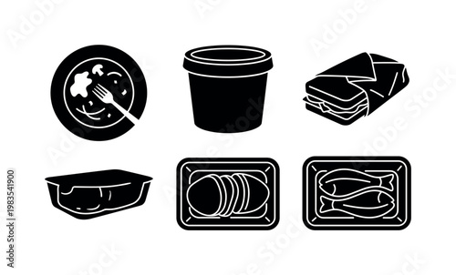 leftover food plate, soup container with lid, sandwich wrapped, meat tray rectangular, fish fillet storage container bold black