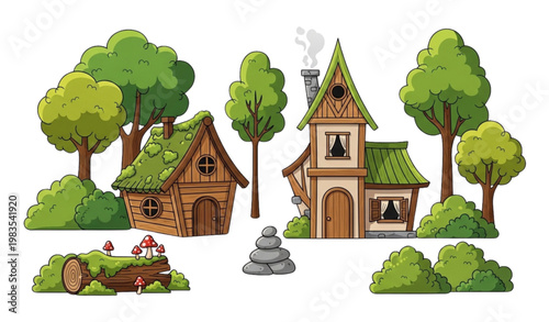 Forest cabin cartoon vector set wooden house tree log stone elements