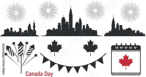 Canada day celebration fireworks skyline maple leaves and festive elements isolated on transparent background