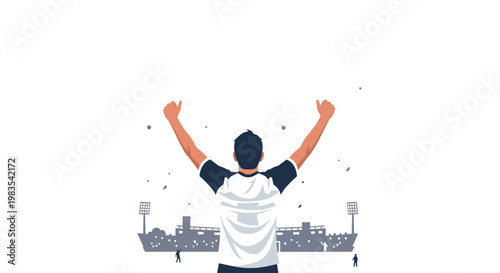 A male sports fan seen from behind raises his arms in a triumphant V-shape celebration while standing before a minimalist grey stadium silhouette.