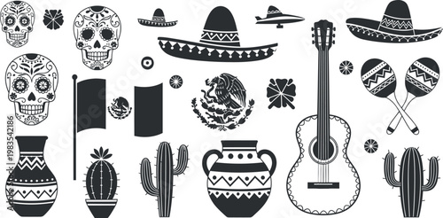Mexican culture collection skulls hats instruments and cacti isolated on transparent background