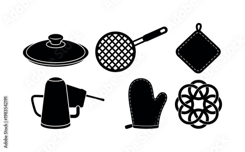 frying pan lid circular, splatter screen mesh, pot holder square pad, oven mitt glove, trivet heat-resistant bold black silhouette