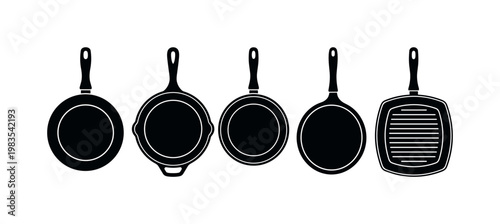nonstick frying pan round, cast iron skillet, sauté pan shallow, crepe pan flat, grill pan ridged surface bold black silhouette