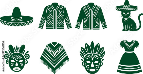 Green silhouettes of traditional indigenous american and latin american cultural artifacts isolated on transparent background