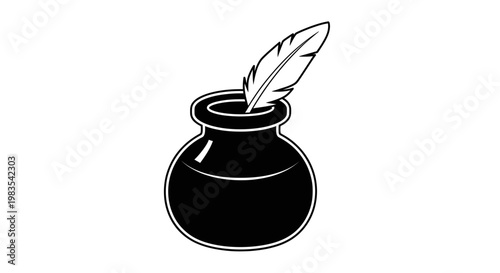 Black inkwell with quill pen on white background