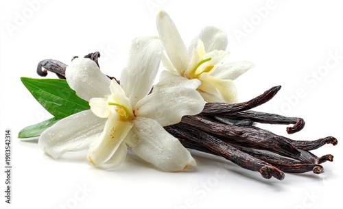 Close-up of vanilla beans, fragrant white flowers, and lush green leaves against white