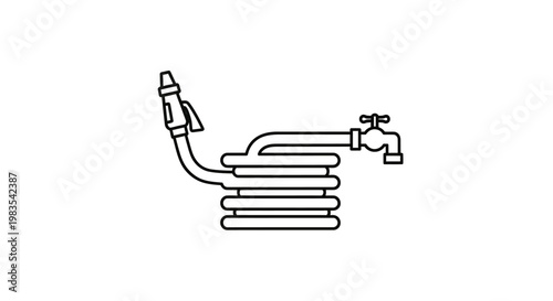 A black outline of a garden hose coiled, connected to a faucet with a nozzle