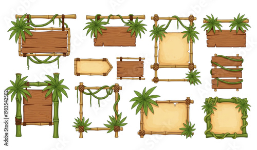 Tropical jungle signboard vector bamboo wood frame cartoon game asset