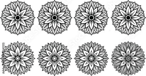 Intricate Mandala Floral Design Set with Symmetrical Patterns for Decorative, Geometric, and Spiritual Design Applications