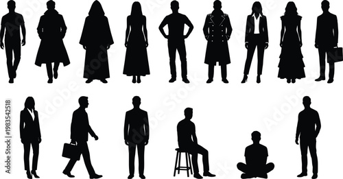 Silhouette Set of People in Various Poses and Outfits for Business, Casual, and Diverse Character Illustrations