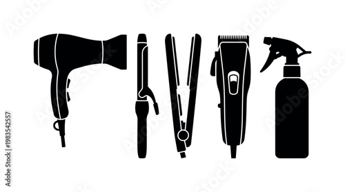 hair dryer handheld device, curling iron wand tool, hair straightener flat iron, electric clipper trimmer tool, spray bottle hair