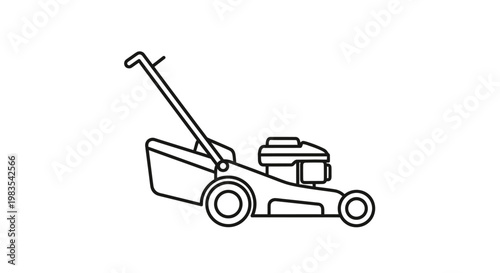 Simple black line drawing of a push lawn mower on a white background