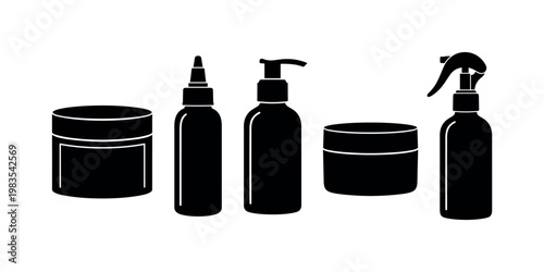 hair mask jar wide, scalp treatment bottle, leave-in conditioner pump, styling cream tub, detangling spray bottle bold black