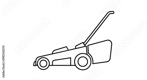 Black line drawing of a wheeled lawn mower with handle and grass collector