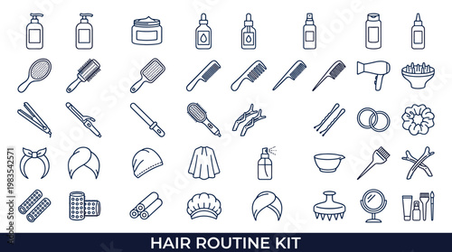 Collection of hair care and styling tools and products in a clean line art style