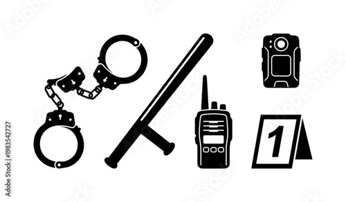 handcuffs metal restraint tool, police baton nightstick, walkie talkie radio device, body camera small unit, evidence marker tent
