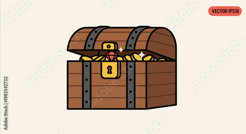 Open wooden treasure chest overflowing with gold coins and a sparkling red gem