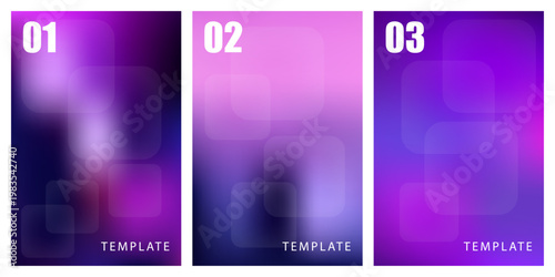 Set of three abstract purple gradient backgrounds with rounded square shapes