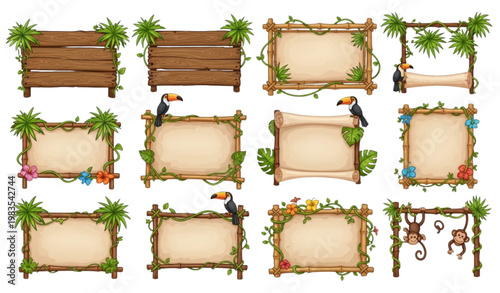 Cartoon jungle signboard vector set bamboo frame tropical UI game asset