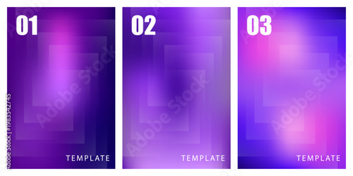 Set of three purple abstract gradient backgrounds with geometric squares