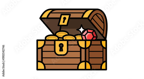 An open treasure chest brimming with gold coins and a sparkling red gem