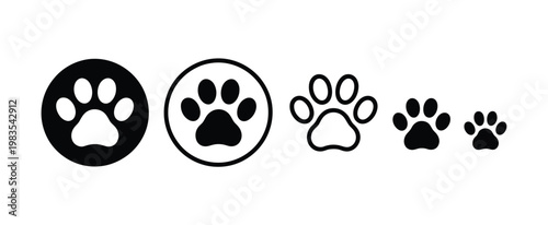 Paw icon set, vector collection of paw print symbols representing dog and cat footprints for pet care, veterinary services, animal rescue, and wildlife design concepts