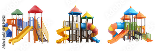 Set of olorful 3D playground set with slides, swings, climbing frames and sandbox, modern minimal toy-style design on transparent png background. Ai generated