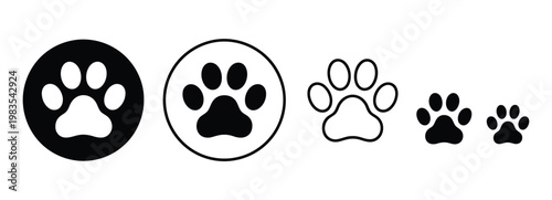 Paw icon set, vector collection of paw print symbols representing dog and cat footprints for pet care, veterinary services, animal rescue, and wildlife design concepts