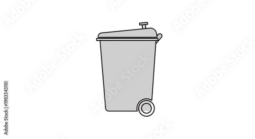A gray trash bin with a lid and two wheels on a white background