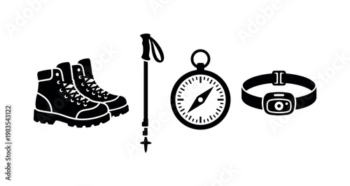hiking boots sturdy pair, trekking pole adjustable, compass round navigation, map folded sheet, headlamp strap device bold black