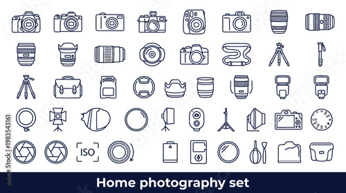Collection of line art icons representing photography equipment and accessories