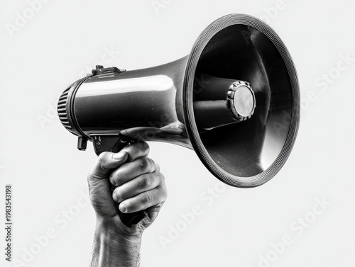 A black and white image shows a hand holding a megaphone against a plain white background